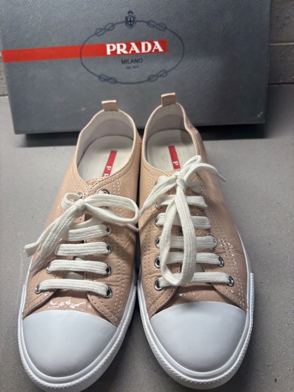 Prada Beige and White Women’s Low-Top Leather Sneakers - Picture 2 of 6